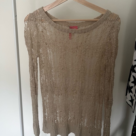 knitted see through mesh long sleeve beige top - Picture 2 of 3